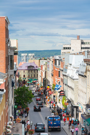 Quebec City, Canada - August 5, 2015:people and tourists stroll through the quaint streets of Quebec City during a summer morning. Here we are on Rue Saint Jeanのeditorial素材