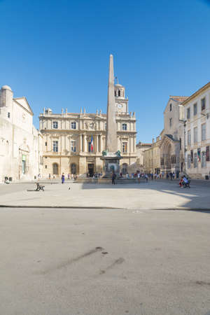Arles,France-august 14,2016:view of the square where the city hall and the obelisk of Arles are located during a sunny dayのeditorial素材