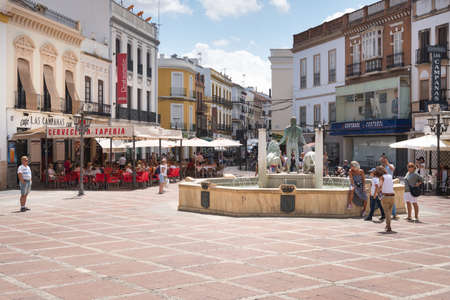 Ronda,Spain-august 10, 2017:people stroll in socorro square in Ronda during a sunny day.のeditorial素材