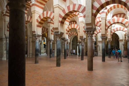 Cordoba, Spain-august 11, 2017: view of the columns inside the beautiful Mezquita of Cordobaのeditorial素材