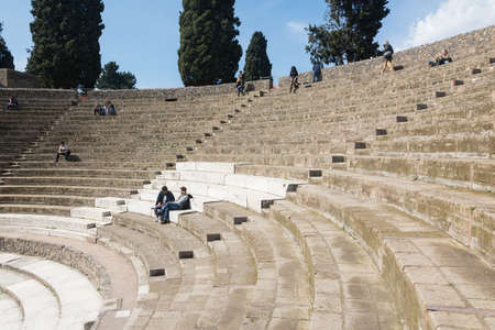 Pompeii, Italy-March 27, 2016: Columns and ruins inside the Pompeii archeological site near Naples during a summer day.のeditorial素材