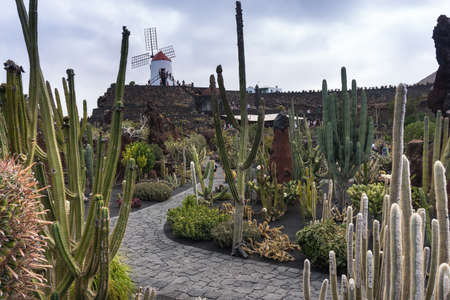 Lanzarote, Spain - August 7,2018: symbol at the entrance of the famous cactus garden in Lanzarote during a cloudy dayのeditorial素材