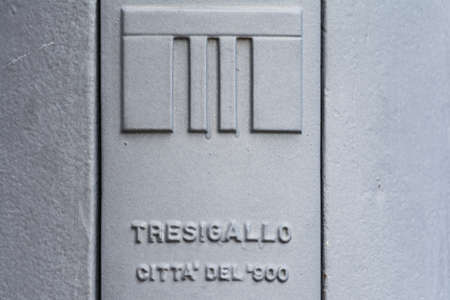 Tresigallo, Italy-may 2, 2021: detail of the porch located in piazza della repubblicaのeditorial素材