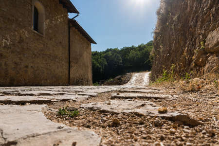 Rosciolo dei Marsi, Italy-August 7, 2021: The Romanesque church, of Benedictine origin, is located in a lonely place on the slopes of Mount Velino.のeditorial素材