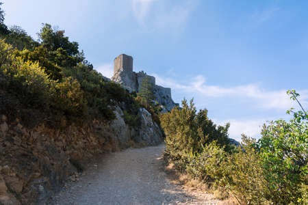 Cucugnan, France-august 16,2016: view of the Cathar castle of Queribus during a sunny dayのeditorial素材