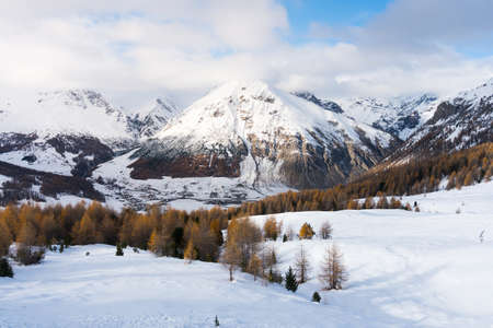 Snow-covered landscape in the autumn along the way near Livigno in a sunny dayの写真素材