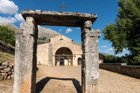 Rosciolo dei Marsi, Italy-August 7, 2021: View of the Romanesque church of Santa Maria in Valle Porclaneta locatetd on the slopes of Mount Velino during a sunny dayのeditorial素材