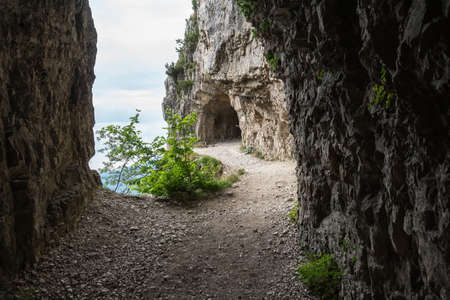 The road of the 52 tunnels is a military mule track built during the First World War on the Pasubio massif in Italyの写真素材