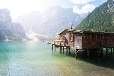 Braies, Italy-September 10, 2021: classic view of the Braies lake in the province of Bolzano during a sunny dayのeditorial素材