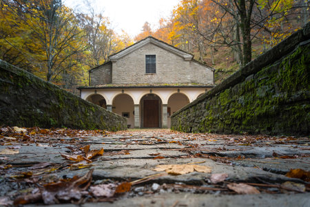 Castelluccio, Italy-November 7, 2021: view of the sanctuary of Santa Maria del Faggio during the autumn seasonのeditorial素材
