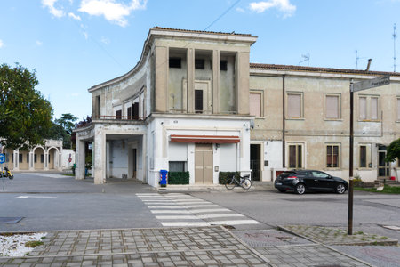 Tresigallo, Italy-may 2, 2021: strolling in the metaphysical city of Tresigallo during a cloudy dayのeditorial素材
