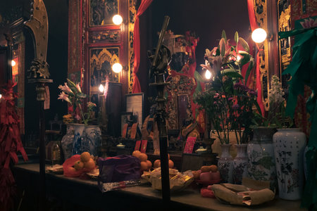 Hong Kong,March 25,2019:view of the inside on Man Mo Temple at Hollywood Road in Sheung Wan is one...