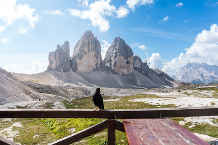 Dobbiaco, Italy-September 11, 2021:A break with a view of the three peaks of Lavaredo seen from the Locatelli refuge on a sunny dayの写真素材