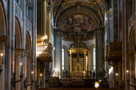 Parma,Italy-April 3, 2022:view of the inside of the Parma cathedral with with its beautiful frescoesのeditorial素材