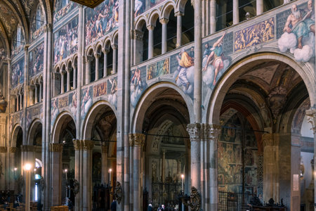 Parma,Italy-April 3, 2022:view of the inside of the Parma cathedral with with its beautiful frescoes