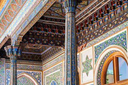 Tashkent, Uzbekistan-august 11, 2023:ceiling with decorated columns of a museum of applied arts in Tashkent, the capital of Uzbekistan during a summer dayのeditorial素材