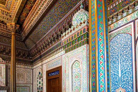 Tashkent, Uzbekistan-august 11, 2023:ceiling with decorated columns of a museum of applied arts in Tashkent, the capital of Uzbekistan during a summer dayのeditorial素材