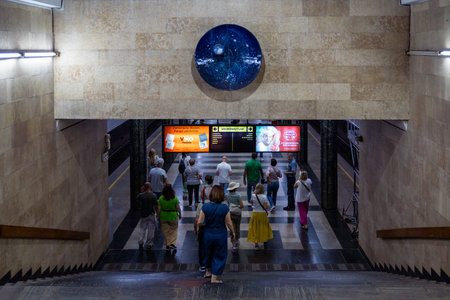 Tashkent, Uzbekistan-august 11, 2023:People inside the metro station called Cosmonauts in Tashkentのeditorial素材