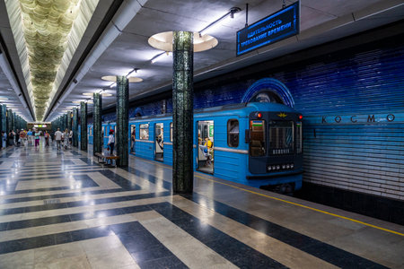 Tashkent, Uzbekistan-august 11, 2023:People inside the metro station called Cosmonauts in Tashkentのeditorial素材