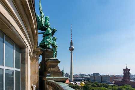 Berlin, Germany-August 9, 2022:view of the statues and landscape outside the dome of the berlin cathedral during a sunny dayのeditorial素材