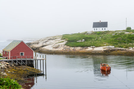 Peggy's Cove, Canada - August 13, 2015:Peggy's Cove village in Nova Scotia-Canada during a foggy dayのeditorial素材