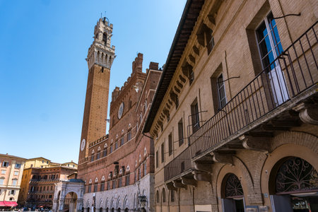 Siena,Italy-August 10, 2020:People and tourists visit the famous Piazza del Campo and the Torre del Mangia during a sunny dayのeditorial素材