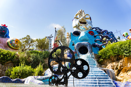 Capalbio, Italy-August 11, 2020:Visit to the colorful tarot garden of Capalbio during a sunny day. The Tarot Garden is a sculpture garden based on esoteric tarot cards, created by Niki de Saint Phalleのeditorial素材