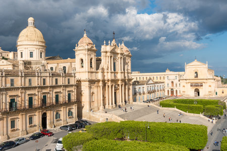 Noto,Italy-May 8, 2022:View of the beautiful Cathedral of Noto from the terrace of the church of Santa Chiara during a sunny dayのeditorial素材