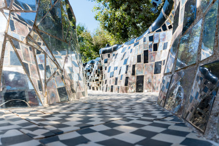 Capalbio, Italy-August 11, 2020:Visit to the colorful tarot garden of Capalbio during a sunny day. The Tarot Garden is a sculpture garden based on esoteric tarot cards, created by Niki de Saint Phalleのeditorial素材