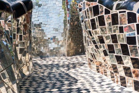 Capalbio, Italy-August 11, 2020:Visit to the colorful tarot garden of Capalbio during a sunny day. The Tarot Garden is a sculpture garden based on esoteric tarot cards, created by Niki de Saint Phalleのeditorial素材