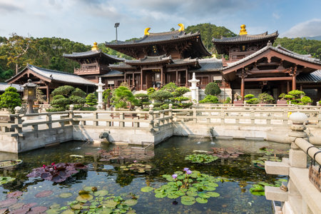 Hong Kong,March 27, 2019:people visit the Chi Lin Nunnery in Hong Kong during a cloudy dayのeditorial素材