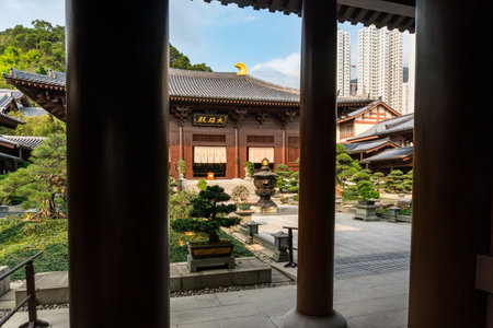 Hong Kong,March 27, 2019:people visit the Chi Lin Nunnery in Hong Kong during a cloudy dayのeditorial素材