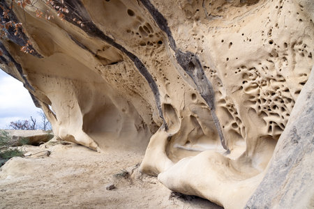 details of the Soprasasso caves in Emilia are very suggestive due to the particular corrosion caused by water and windの写真素材