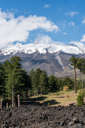 Vertical photograph of mount Etna covered in snow on a sunny dayの写真素材