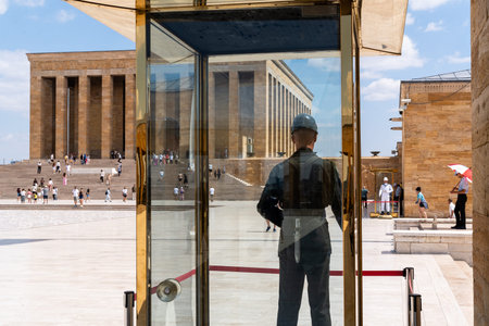 Ankara, Turkiye-august 8, 2025:Soldiers stand guard among people visiting the imposing mausoleum of President Ataturk in Ankara on a day in August.のeditorial素材