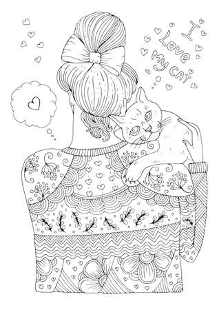 Vector drawn girl in a patterned sweater stands with her back. Woman holds and hugging pet. Graphic design Pattern page for coloring book A4 size I love my cat. The owner and pet are cuddling togetherのイラスト素材