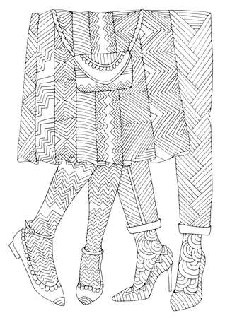 Vector hand drawn two women legs in a long patterned skirt and jeans. Female feet in shoes with high heels and patterned tights.のイラスト素材