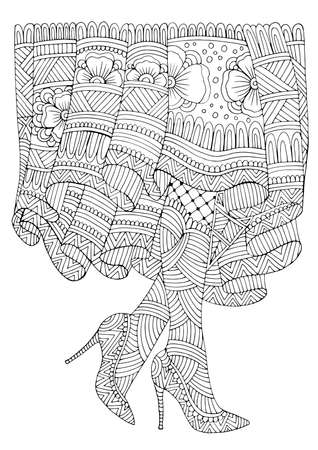 Vector hand drawn woman legs. Female feet in shoes with high heels and patterned tights and a long patterned skirt. Fashion illustration.のイラスト素材
