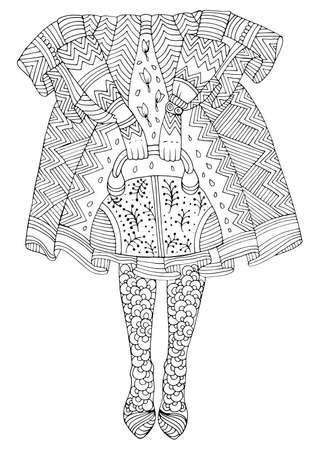 Vector hand drawn Female legs in shoes with high heels. Woman in patterned tights holding bag in lush tracery skirt. Fashion illustration.のイラスト素材