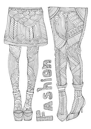 Vector hand drawn two women legs in a long patterned skirt and jeans. Female feet in shoes with high heels and patterned tights. Design cardのイラスト素材