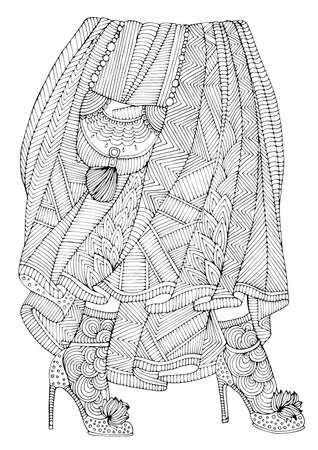 Vector hand drawn woman legs. Female feet in shoes with high heels and patterned tights and a long patterned skirt. Fashion illustration. Pattern coloring page for adults.のイラスト素材