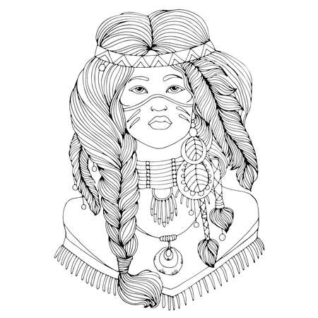 Vector drawn portrait Native American Indian woman in national headdress. Ethnic tribal girl with braided feathers in long hair. Wild spirit of the West.のイラスト素材