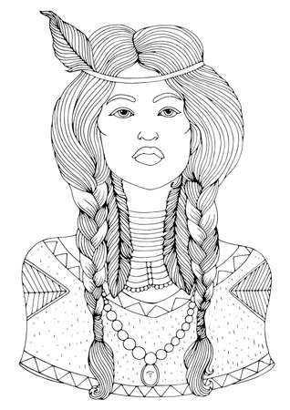 Vector drawn portrait Native American Indian woman in national headdress. Ethnic tribal girl with braided feathers in long hair. Wild spirit of the West.のイラスト素材
