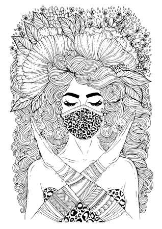 Vector drawn woman in fashionable medical mask with leopard print, is protected from epidemic flu virus Covid19. Attractive fashion model hand gestures shows no.のイラスト素材