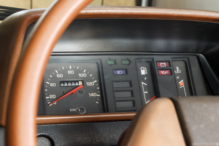Old style analog speedometer in obsolete Japanese car where still functional when this picture was...