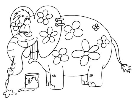 Coloring Page Outline Of cartoon elephant with flowers, paintbrush and bucketのイラスト素材