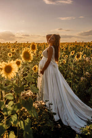 Beautiful caucasian pregnant woman walking in the summer at sunset in a field of blooming sunflowerの写真素材