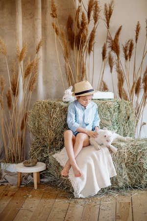 Cute farm girl hugs and feeds her little white goat with hay: Easter themeの写真素材