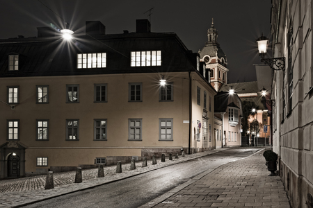 Empty Street on Rainy Day, Stockholm, Sweden - Nov 9, 2015, One late autumn evening.のeditorial素材