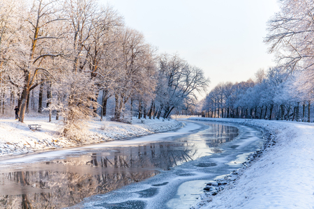 Stockholm, Sweden - Jan 7, 2015 : Snow covered park in the eastside of Stockholm. Last december was relatively warm but the season of snow has landed here finally from the beginning of Jan.のeditorial素材